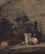Silver wine bottle grapes peaches plums and pears, Jean Baptiste Simeon Chardin